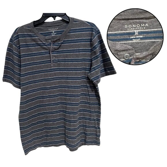 Sonoma Life+Style Men’s M Gray Striped Henley Short Sleeve Casual Shirt Tee - Picture 1 of 4